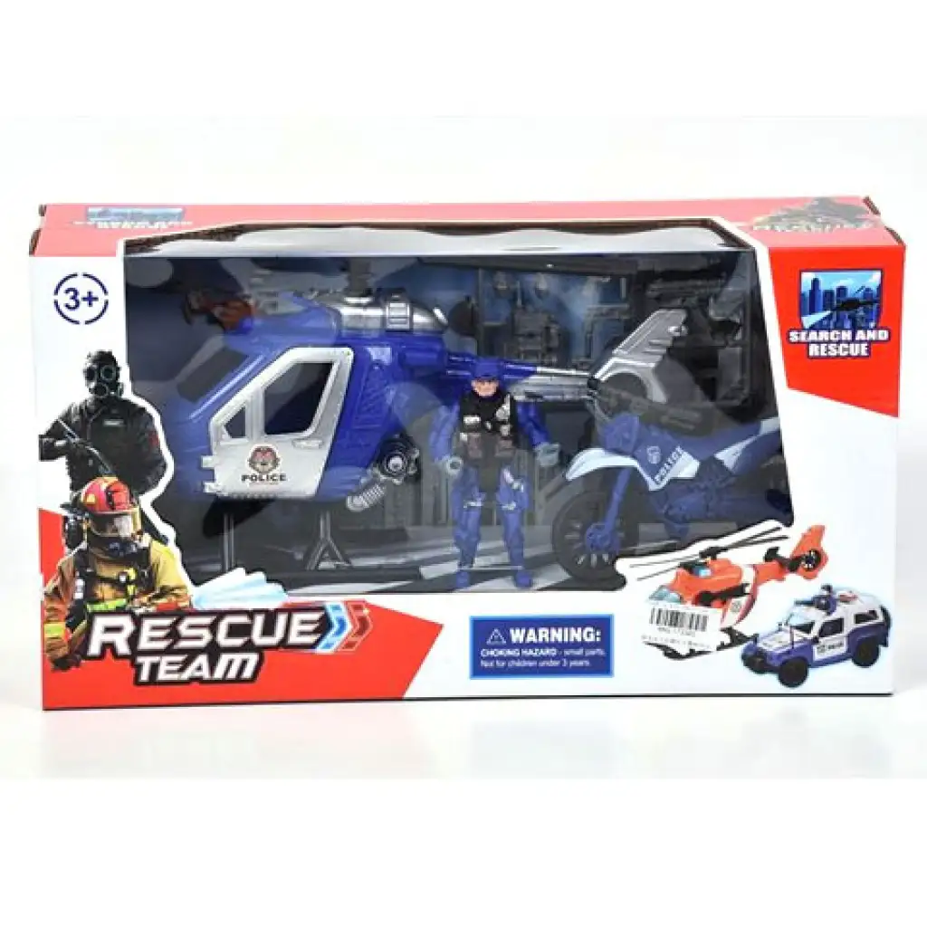 Rendőr játékszett motorral és helikopterrel