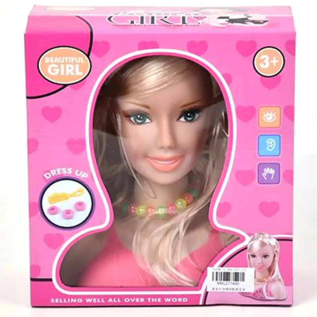 Szőke hajú fésülhető babafej fésűvel és nyaklánccal