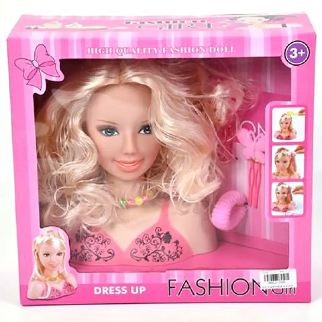 Szőke hajú fésülhető babafej hajtűvel és hajgumival