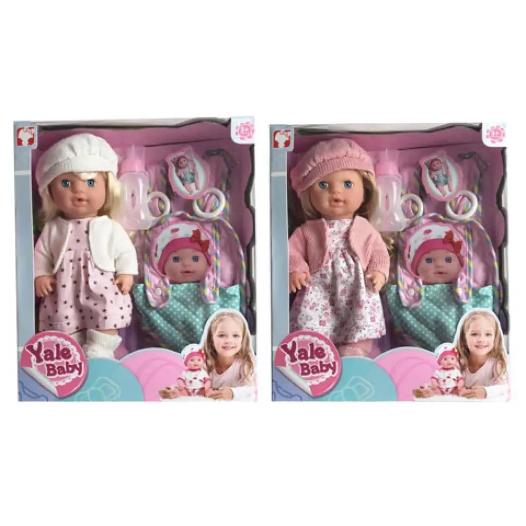 Szőke hajú pisilő baba hordozóval kétféle változatban