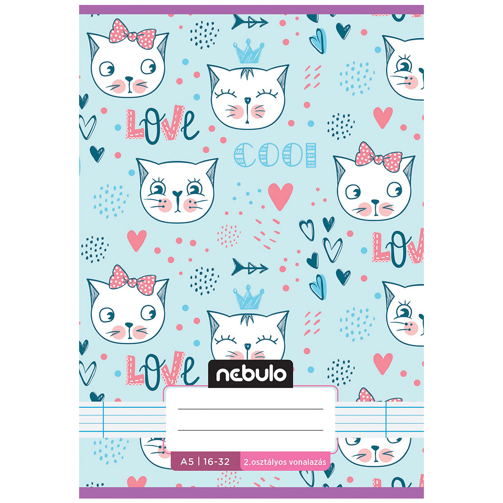Nebulo: Tűzött 2. osztályos pasztell kék alapon cica mintás vonalas füzet 16-32 A/5