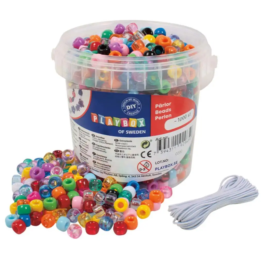 PlayBox: Póni fűzhető színes és átlátszó gyöngyök vödörben 1000db szett 5m-s zsinórral