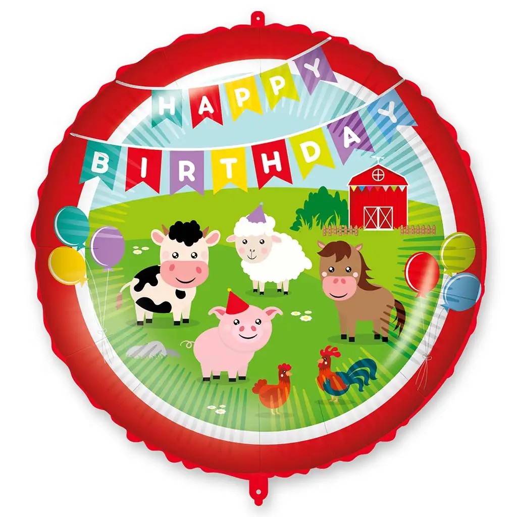 Szülinapi fólia lufi – „Happy Birthday” felirattal, farm állatos mintával 46cm