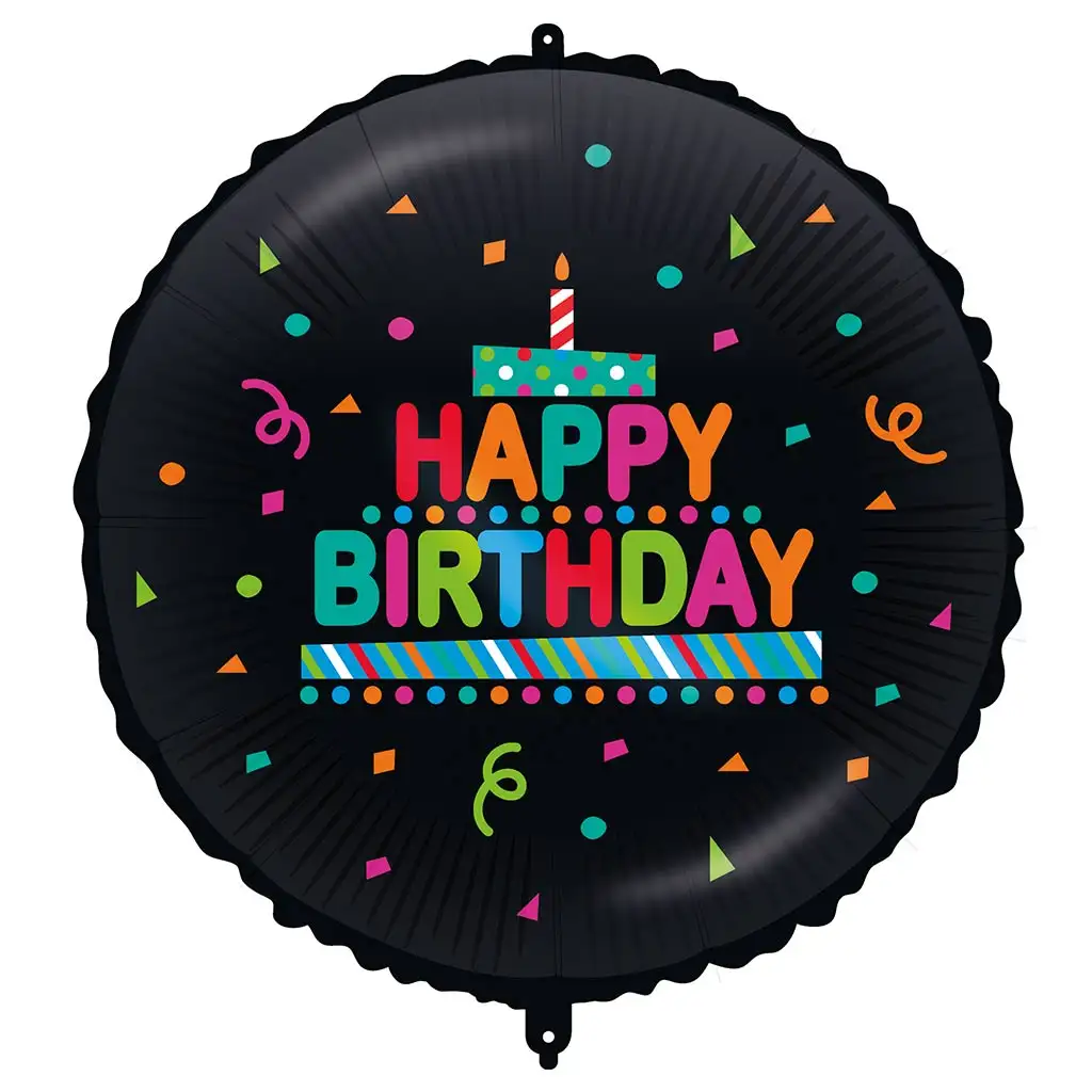 Szülinapi fólia lufi – „Happy Birthday” felirattal, tortás-konfettis, fekete alapon 46cm