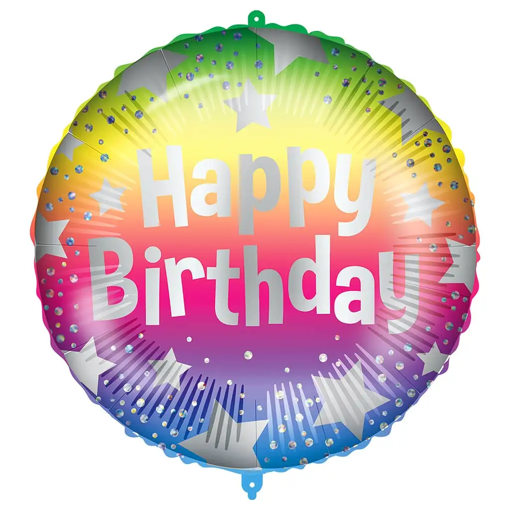 Szülinapi fólia lufi – „Happy Birthday” felirattal, szivárványszínű csillagos mintával 46cm
