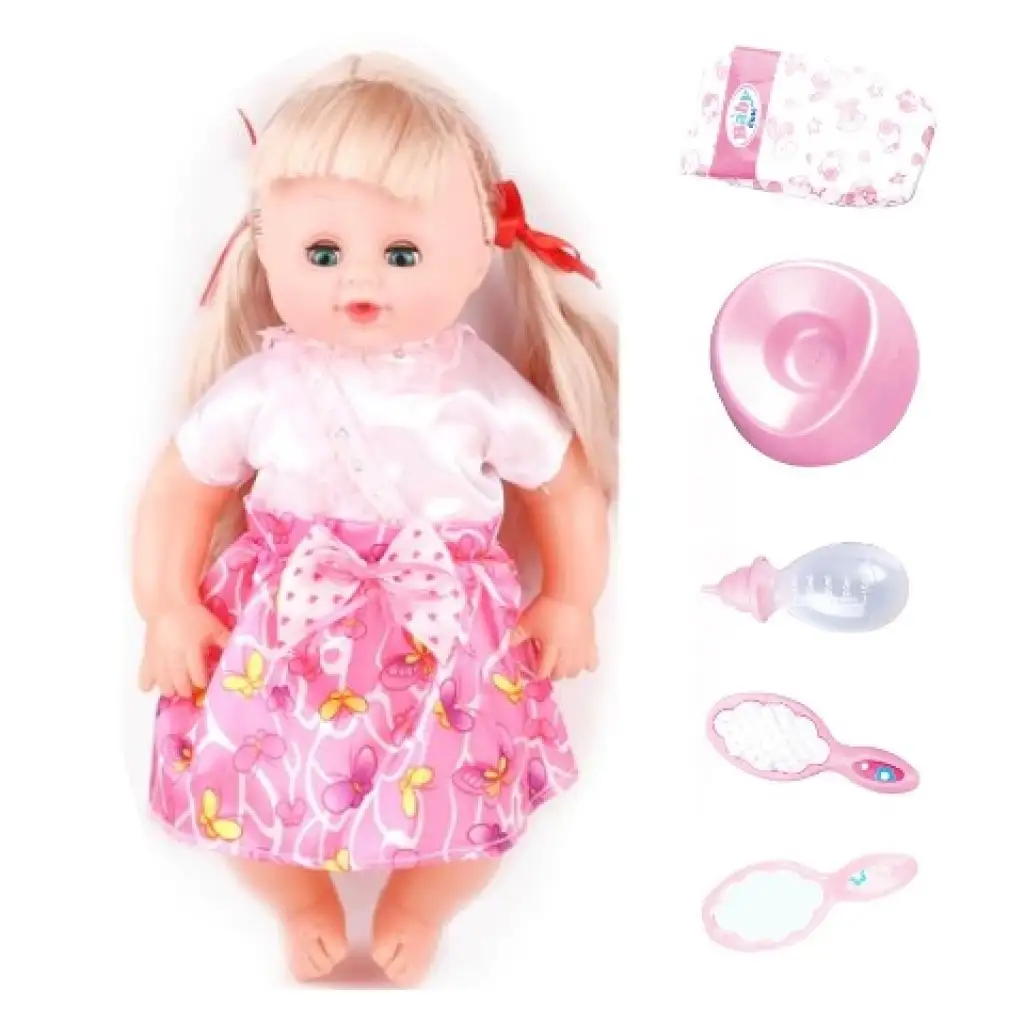 Hajas baba rózsaszín ruhában kiegészítőkkel 35cm-es kép 2