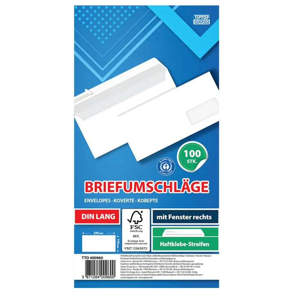 Spirit: Fehér jobb ablakos boríték LA/4 11x23cm 100db-os csomag