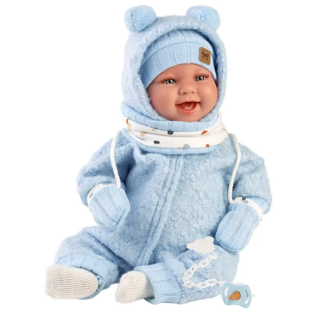Llorens: Talo Sonrisas 44cm-es újszülött baba hanggal kék kapucnis ruhában kép 2