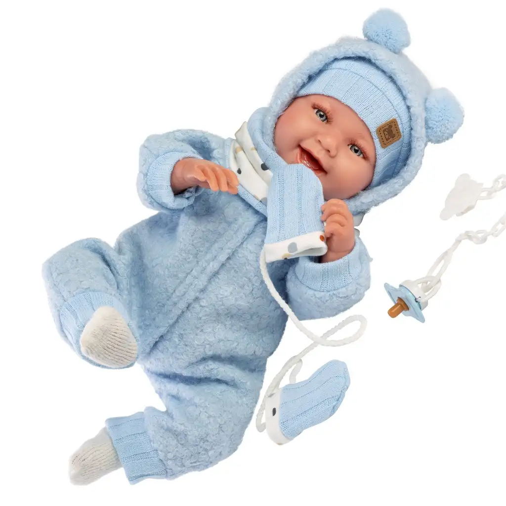 Llorens: Talo Sonrisas 44cm-es újszülött baba hanggal kék kapucnis ruhában kép 3