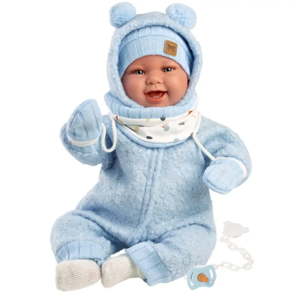 Llorens: Talo Sonrisas 44cm-es újszülött baba hanggal kék kapucnis ruhában kép 1