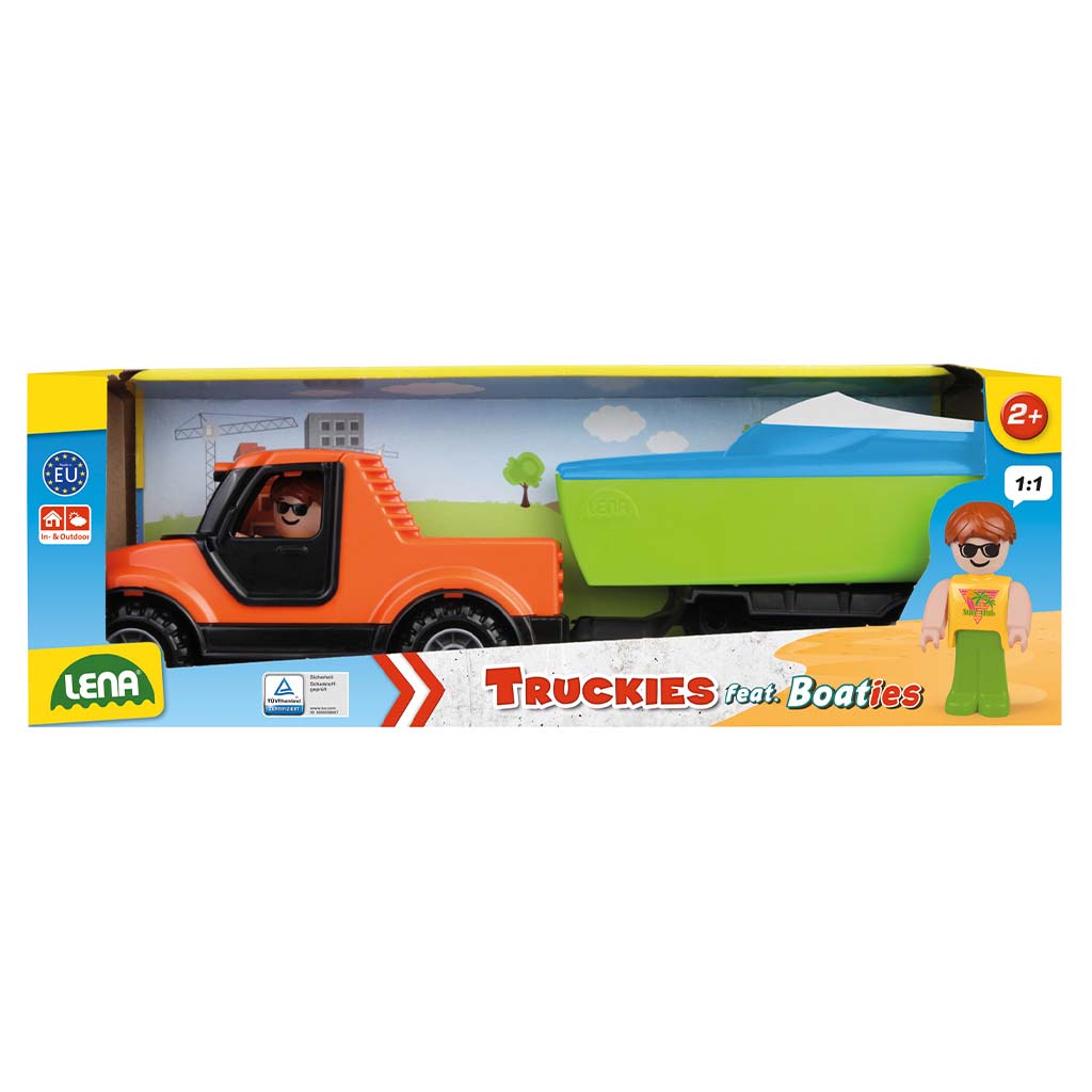 Lena: Truckies Pick-up autó csónakutánfutóval és vitorlás hajóval dobozos 35cm