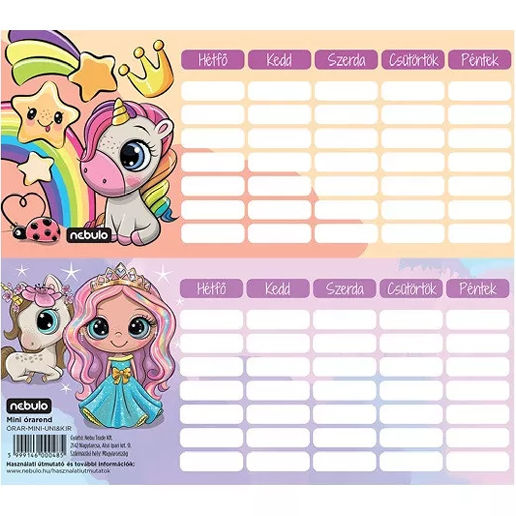 Nebulo: Unikornis és királylány egylapos, kétoldalas mini órarend kép 1