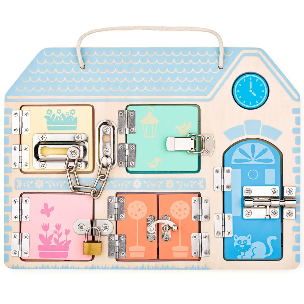 Kulcsok és zárak matatófal készségfejlesztő játék - Woodyland