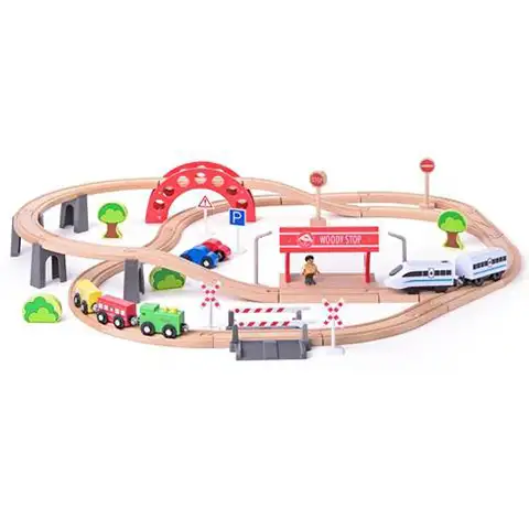 Fa vonat vasútpálya elemes mozdonnyal 60 darabos szett - Woodyland kép 2