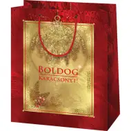 Boldog Karácsonyt feliratos, arany-piros színű közepes méretű exkluzív ajándéktáska 18x10x23cm