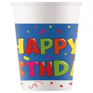 Kékfehér alapú szülinapi "Happy Birthday" feliratú papírpohár 8db-os szett 200ml