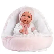 Llorens: Mimi 42cm-es síró kislány baba pink ruhában bölcsővel