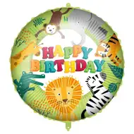 Szülinapi fólia lufi – „Happy Birthday” felirattal, dzsungel állatos mintával 46cm
